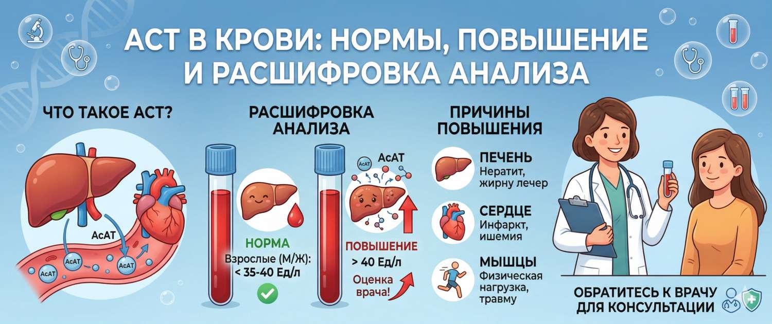 АСТ в крови: нормы, причины повышения и расшифровка анализа