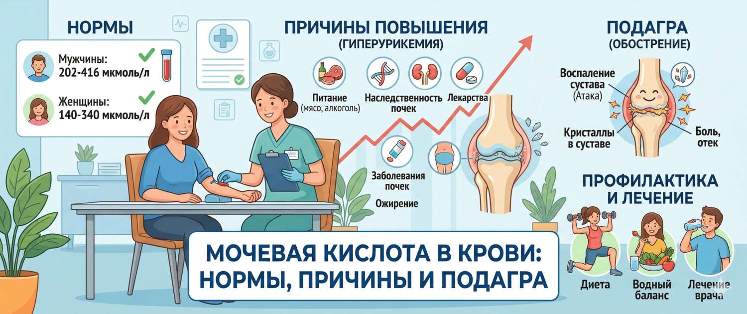 Мочевая кислота в крови: нормы, причины повышения и подагра