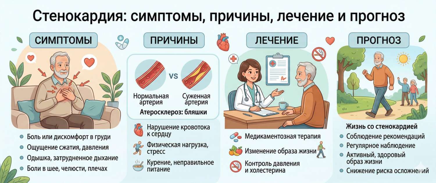 Стенокардия: симптомы, причины, диагностика, лечение и прогноз