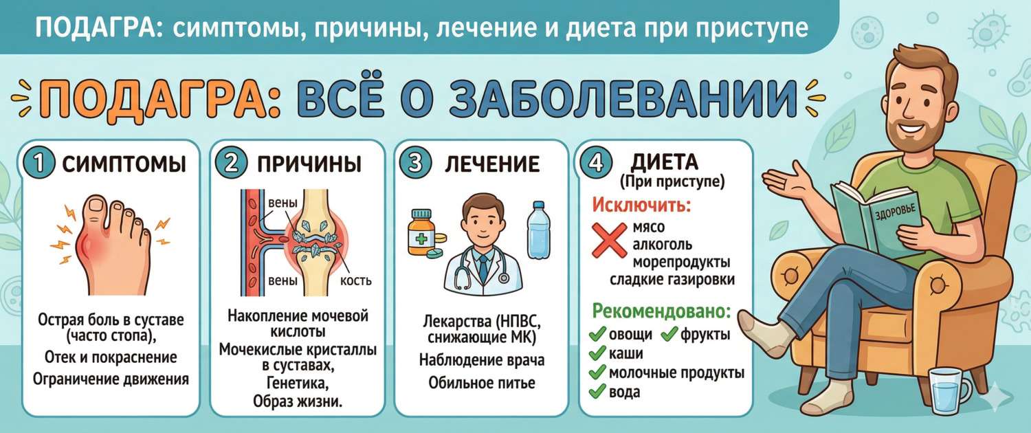 Подагра: симптомы, причины, лечение и диета при приступе