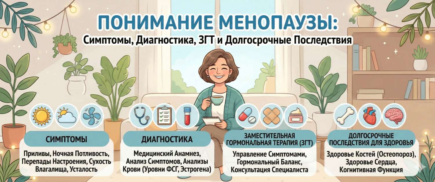 Менопауза: симптомы, диагностика, ЗГТ и долгосрочные последствия