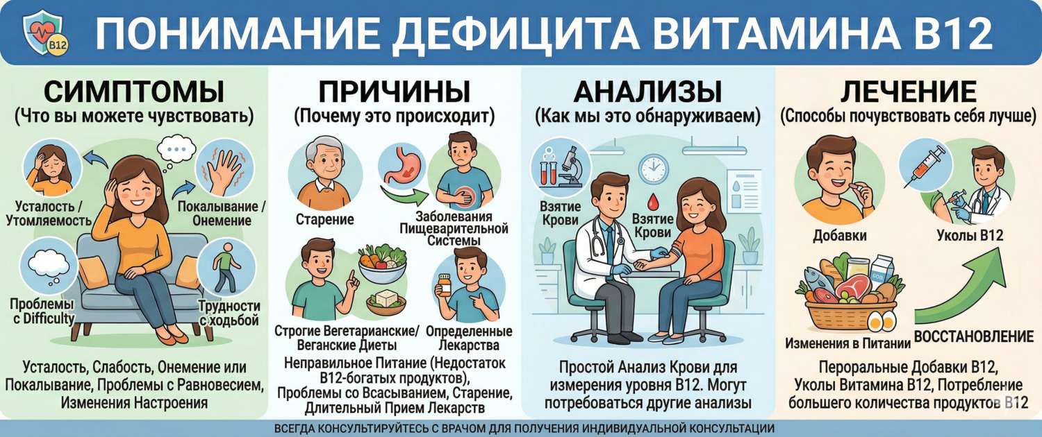 Дефицит витамина B12: симптомы, причины, лечение и анализы