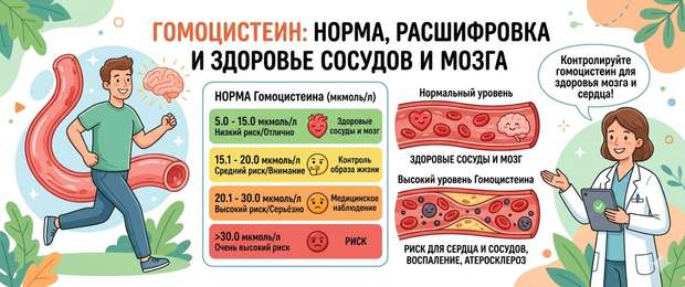 Гомоцистеин: норма, расшифровка и риск для сосудов и мозга