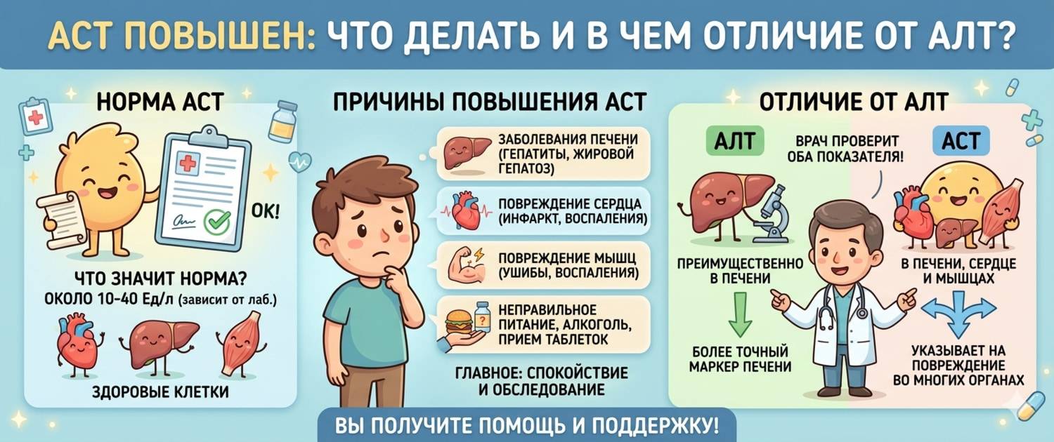 АСТ в крови повышен: норма, причины и отличие от АЛТ