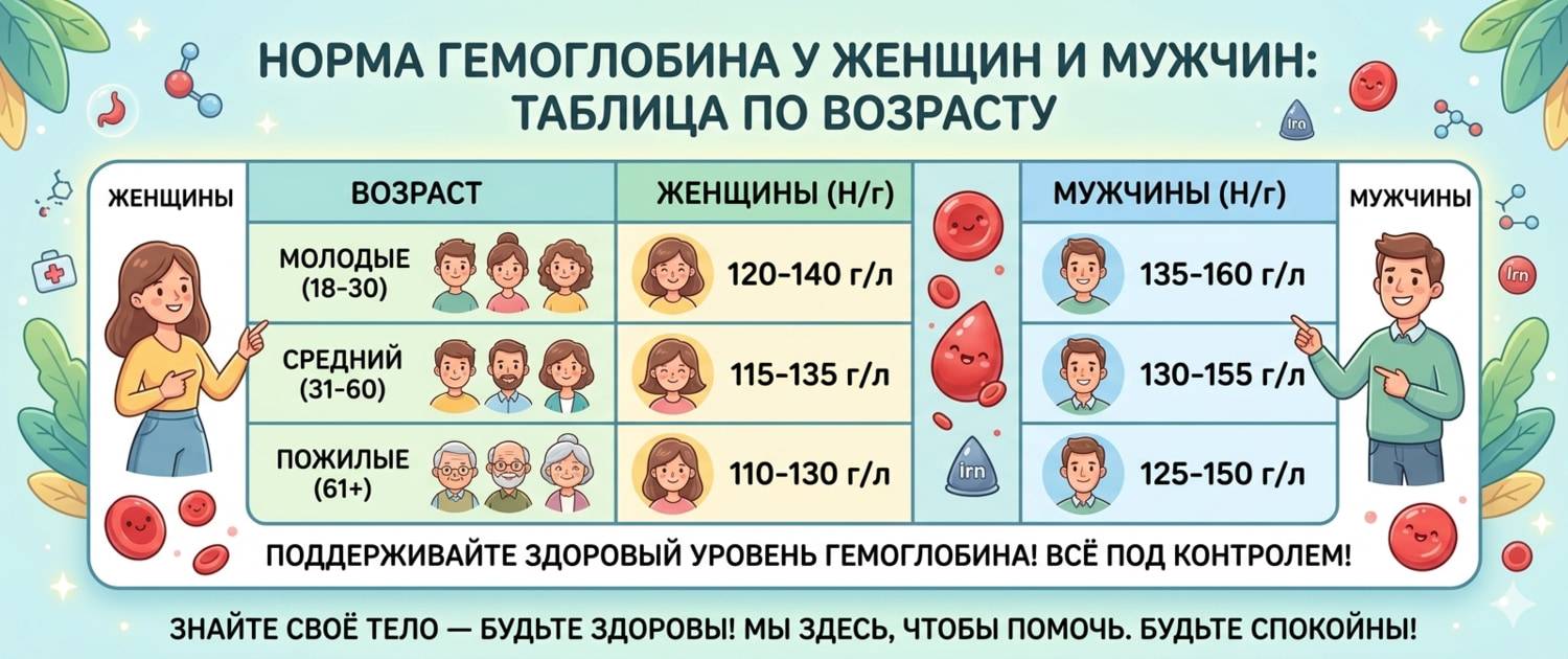 Норма гемоглобина у женщин и мужчин: таблица по возрасту