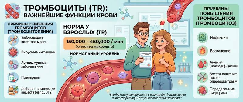 Тромбоциты: норма в крови у взрослых, причины снижения и повышения