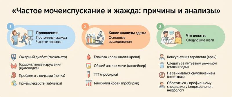 Частое мочеиспускание и жажда: причины и какие анализы сдать