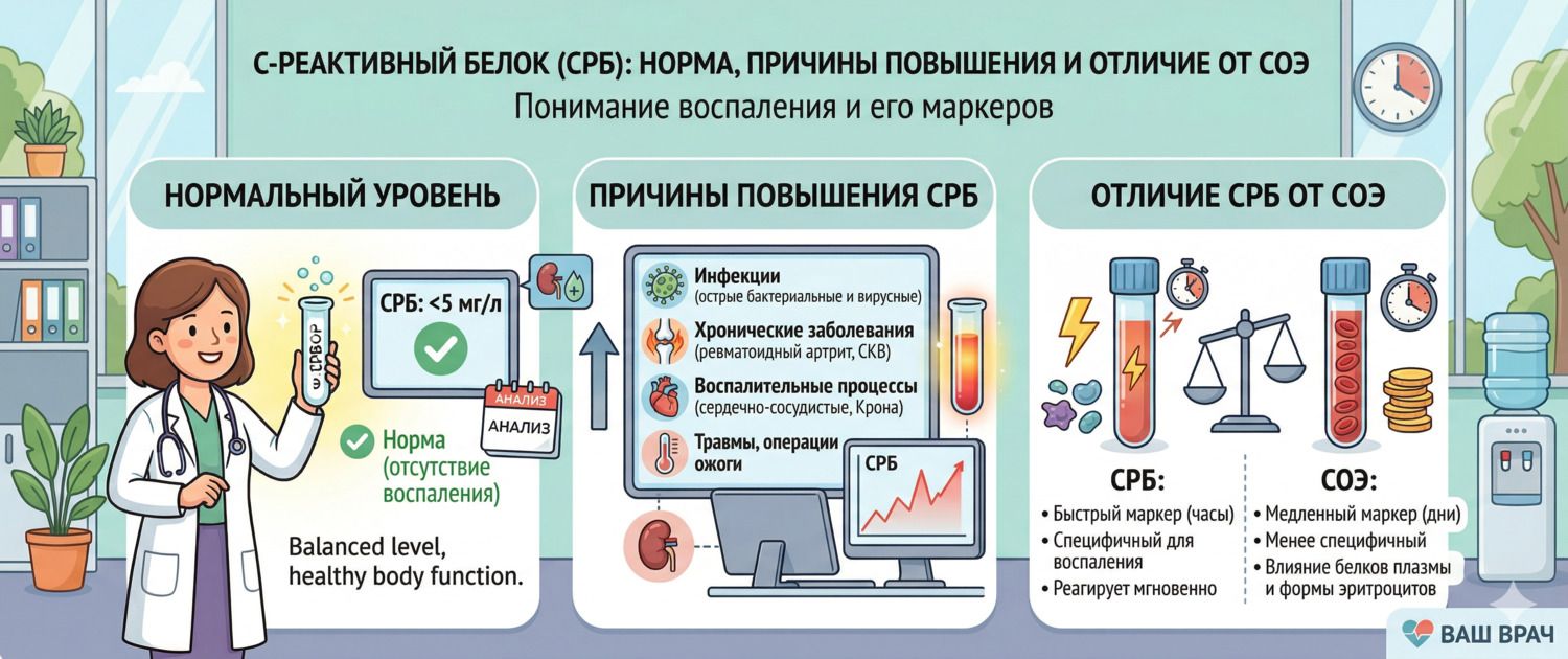 С-реактивный белок (СРБ): норма, причины повышения и связь с СОЭ