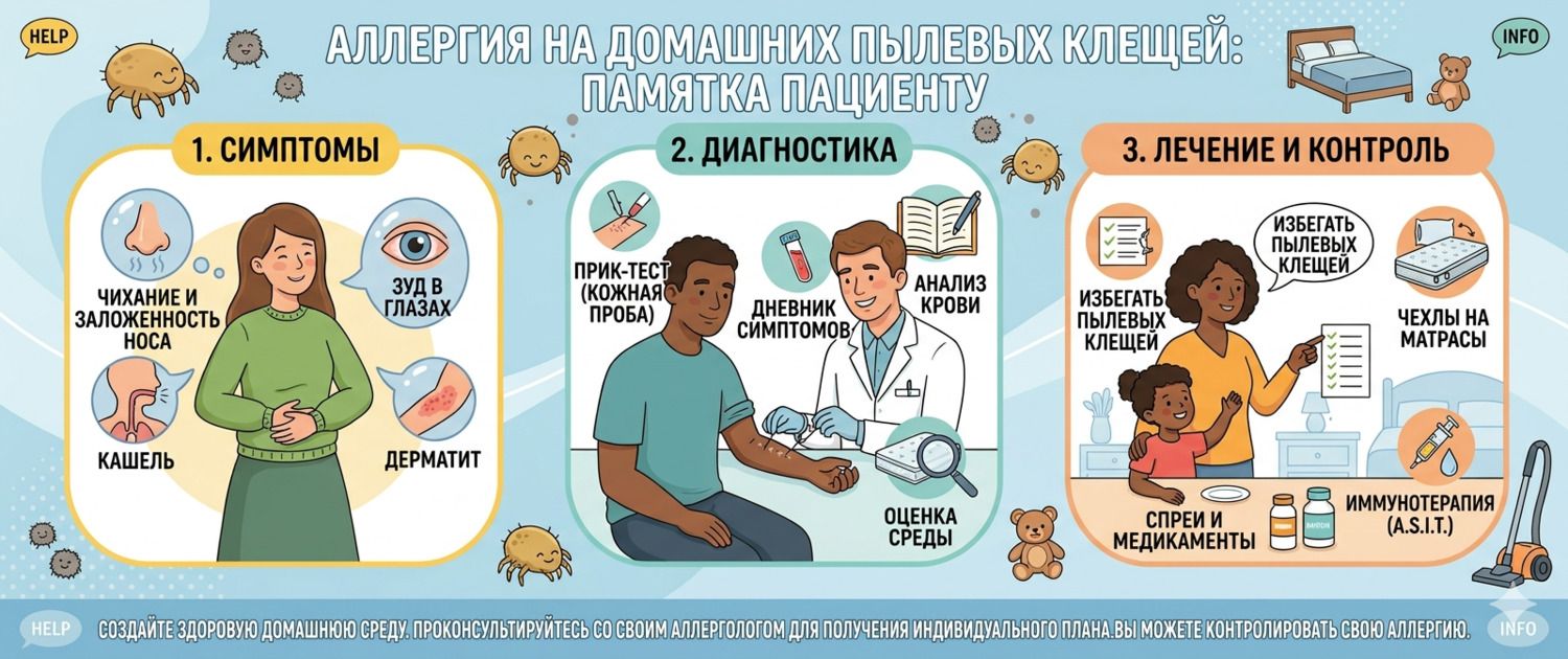 Аллергия на клещей домашней пыли: симптомы, диагностика и лечение