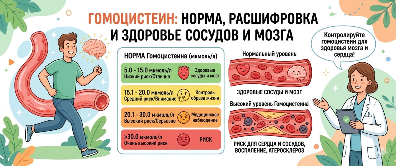 Гомоцистеин: норма, расшифровка и риск для сосудов и мозга