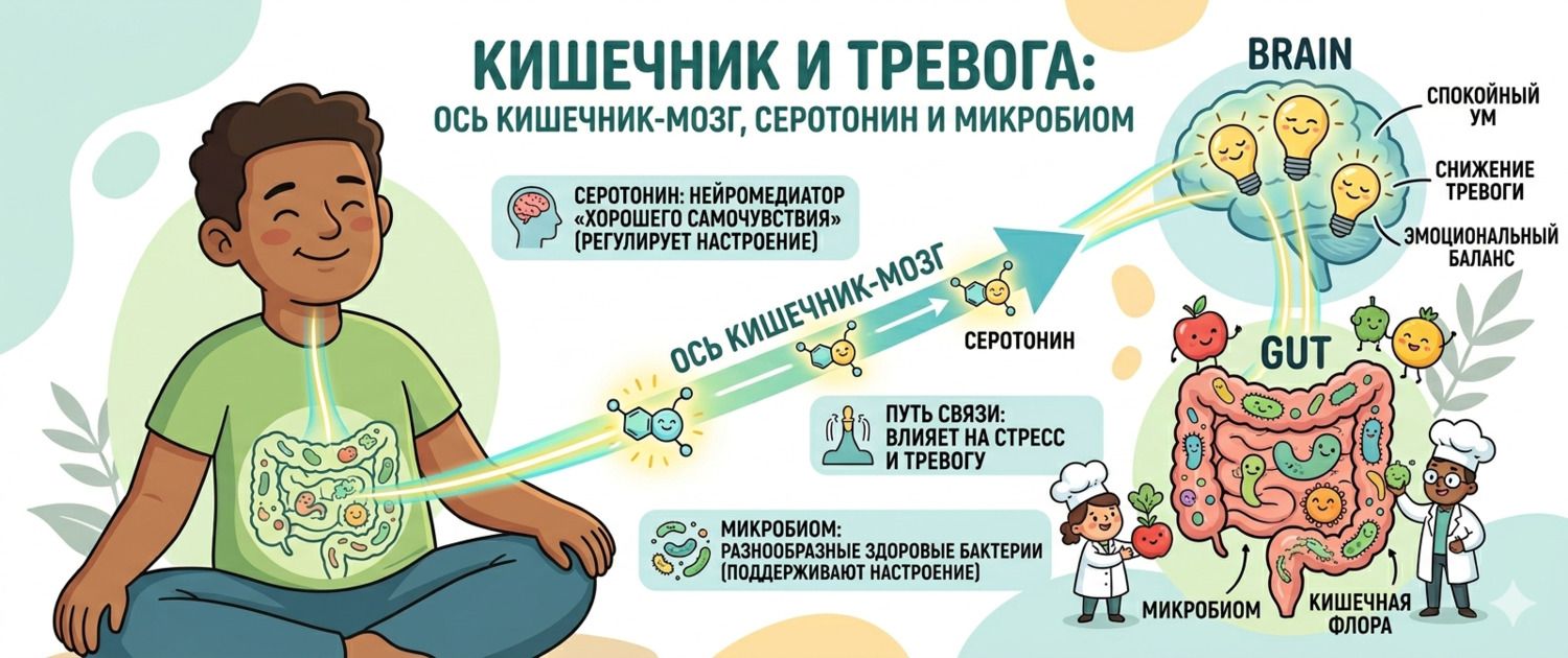 Кишечник и тревога: ось кишечник-мозг, серотонин и микробиом