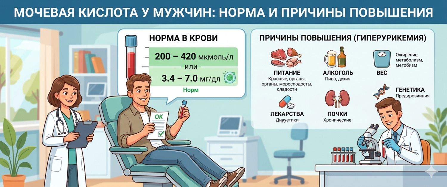 Мочевая кислота у мужчин: норма в крови, причины повышения