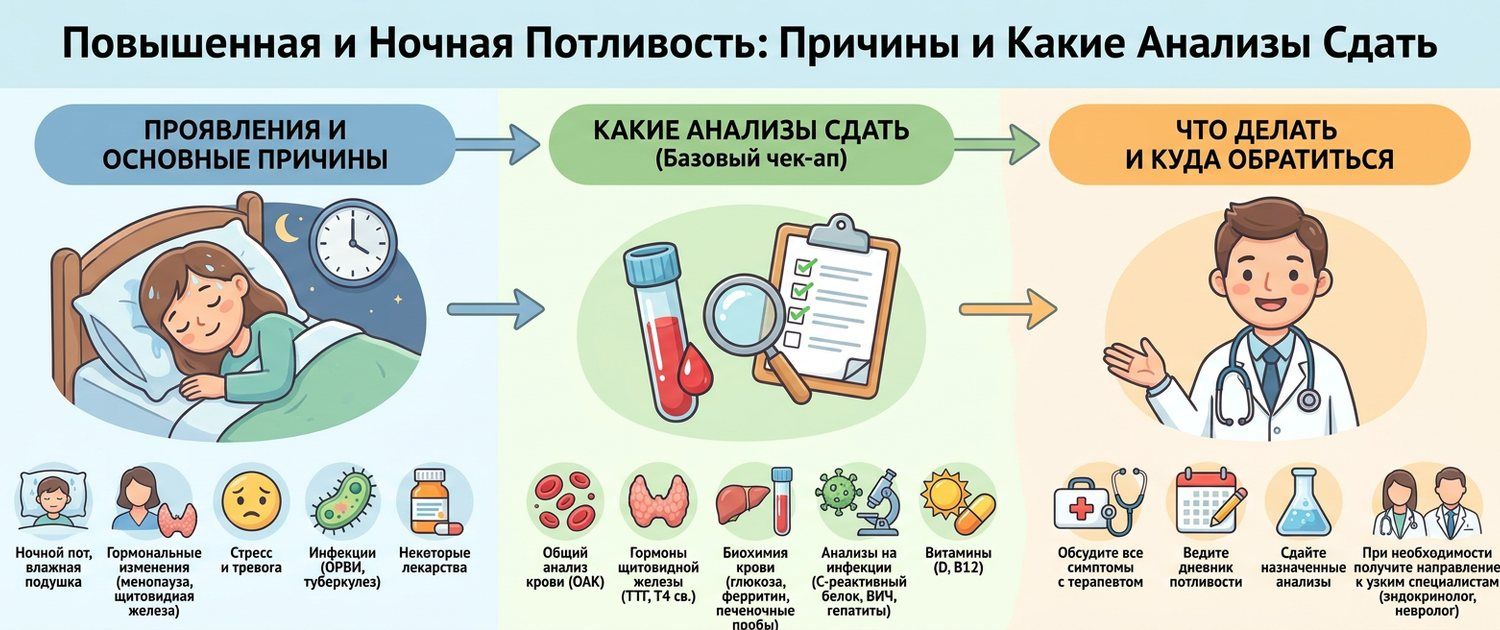 Повышенная и ночная потливость: причины и какие анализы сдать