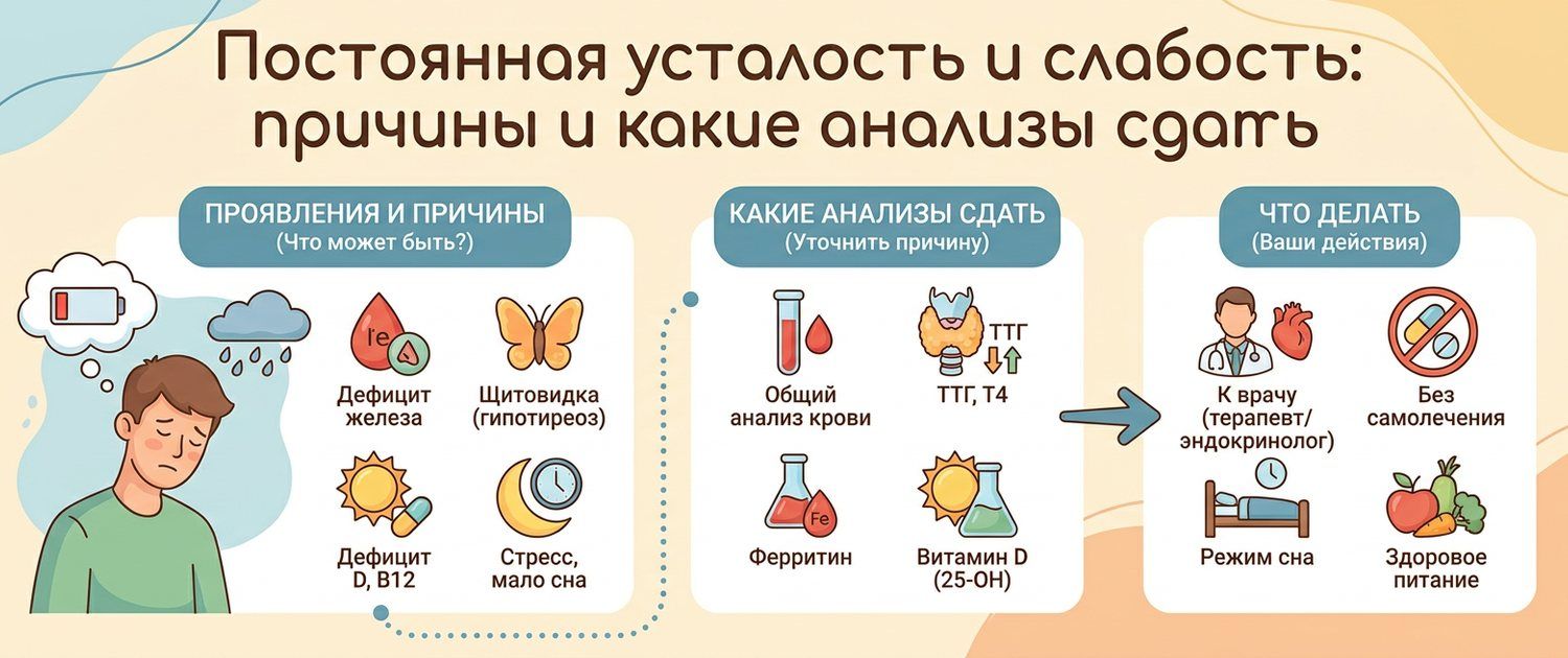 Постоянная усталость и слабость: причины и какие анализы сдать