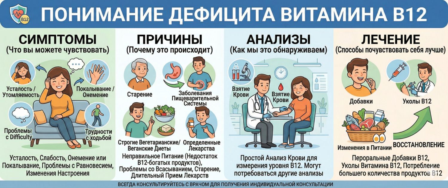 Дефицит витамина B12: симптомы, причины, лечение и анализы
