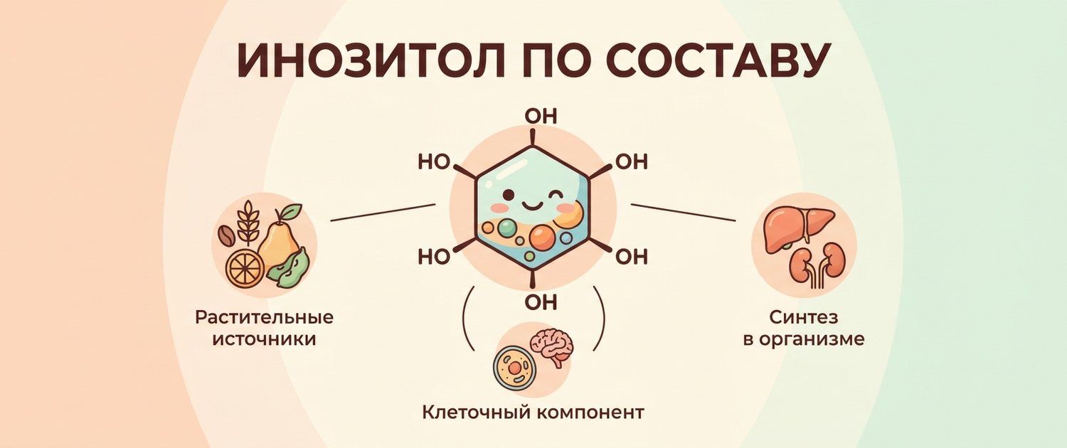 Инозитол по составу: мио-инозитол или D-хиро, соотношение 40:1