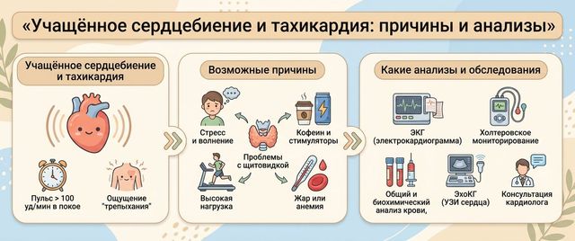 Учащённое сердцебиение и тахикардия: причины и какие анализы