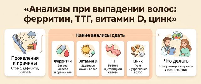 Анализы при выпадении волос: ферритин, ТТГ, витамин D, цинк